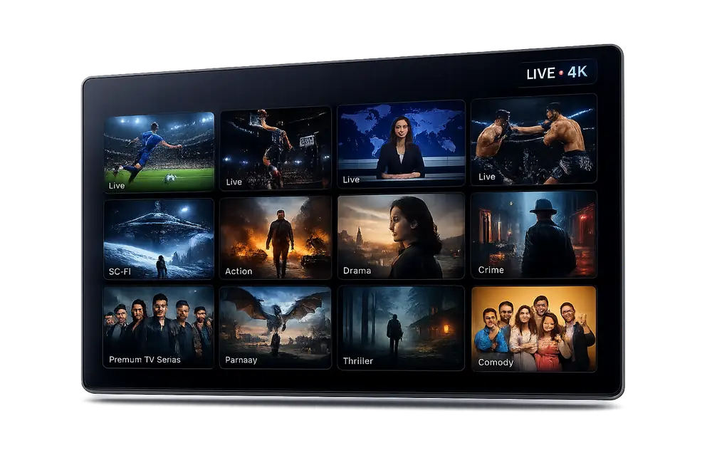Watch live TV, sports, and movies in 4K with Nordic IPTV Nordic IPTV IPTV interface showing live sports, news, and 4K movie channels on a Smart TV